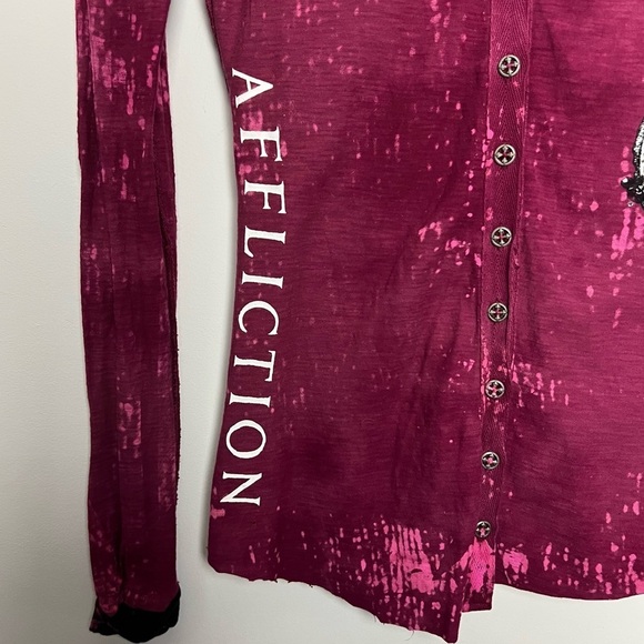Affliction 90s Burgundy Long Sleeve Hoodie Spell Out Top Embellished Angel Wings - Picture 6 of 15